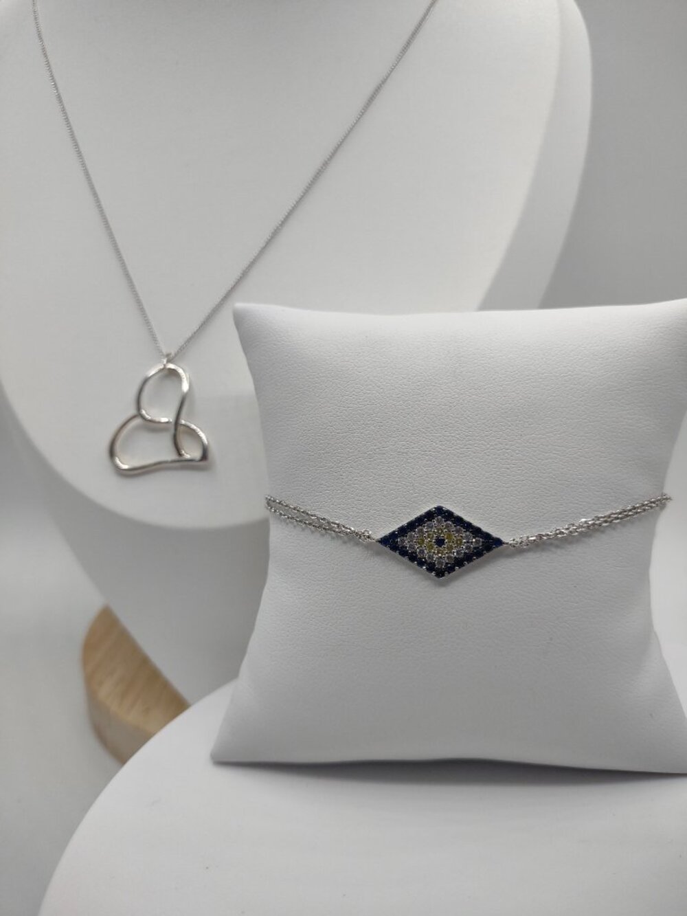 2-Piece Set Open Heart Infinity Necklace + Evil Eye Bracelet Sterling Silver 925